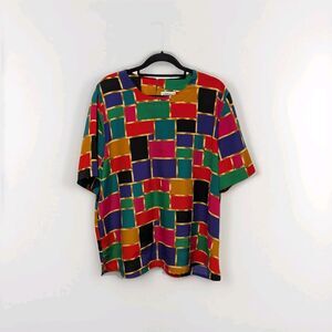 MODERN ESSENTIALS Size Large Multicolor Printed Short Sleeve Blouse